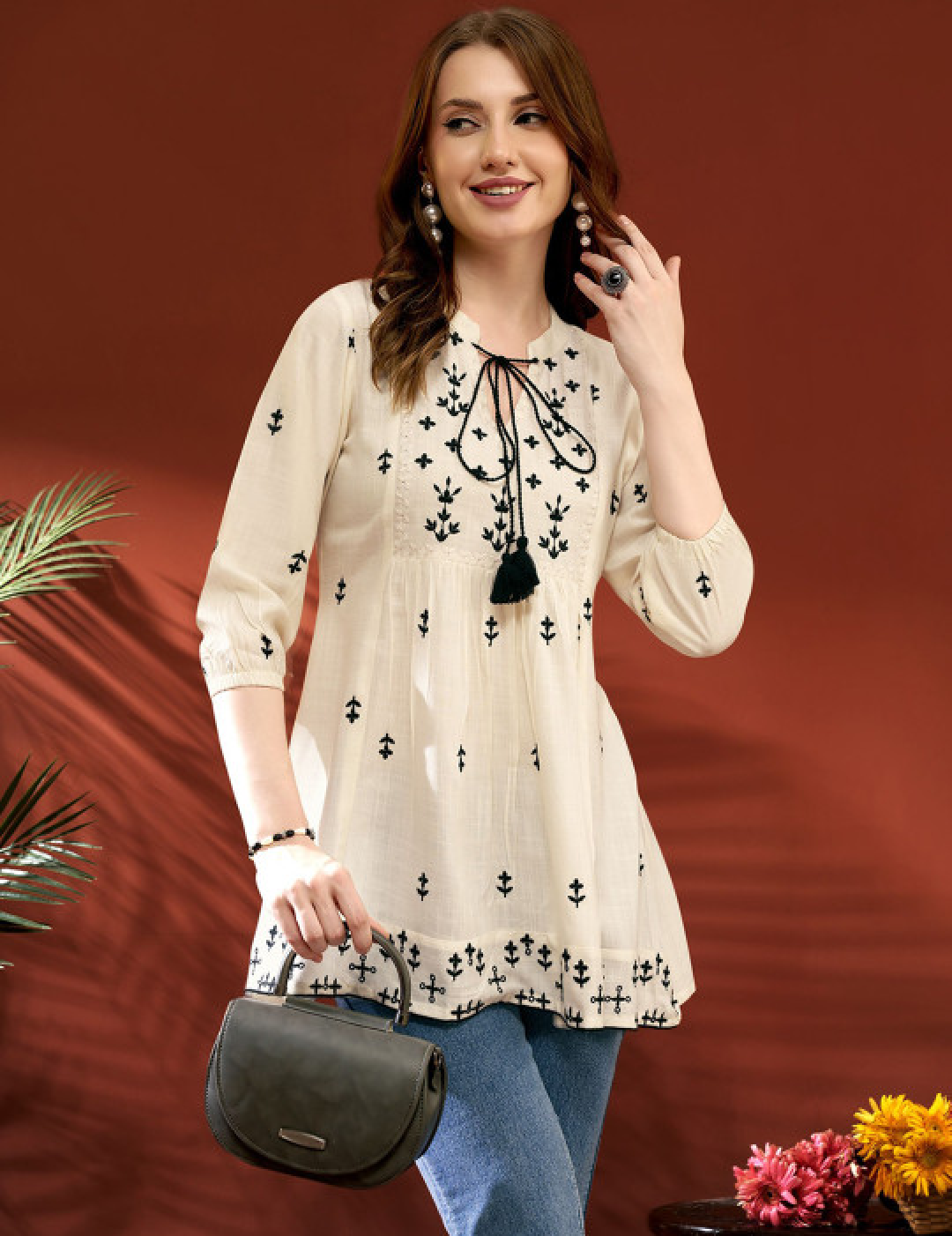 Anouk Women Embroidered Tie-Up Neck Above Knee Kurta